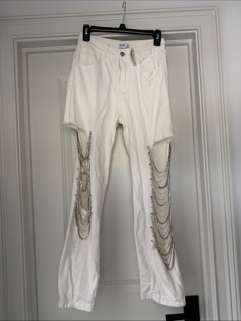 Kiwi White Wide-Leg Jeans with Silver Rhinestone  Chain Draping